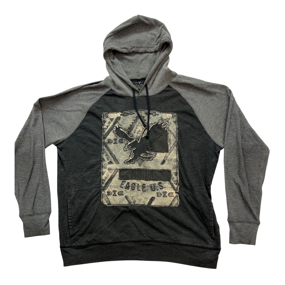 American Eagle Thermal Hoodie Mens XL Grey Raglan Graphic Distressed‎ Heritage